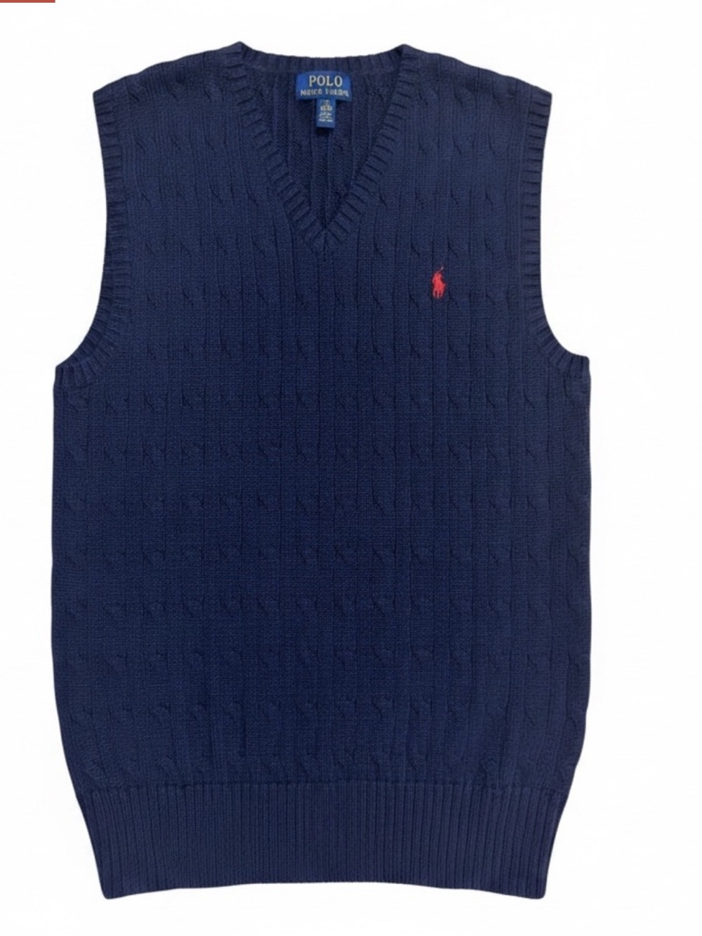 Polo by Ralph Lauren Navy Cable-Knit V-Neck Sweater Vest with Red Pony